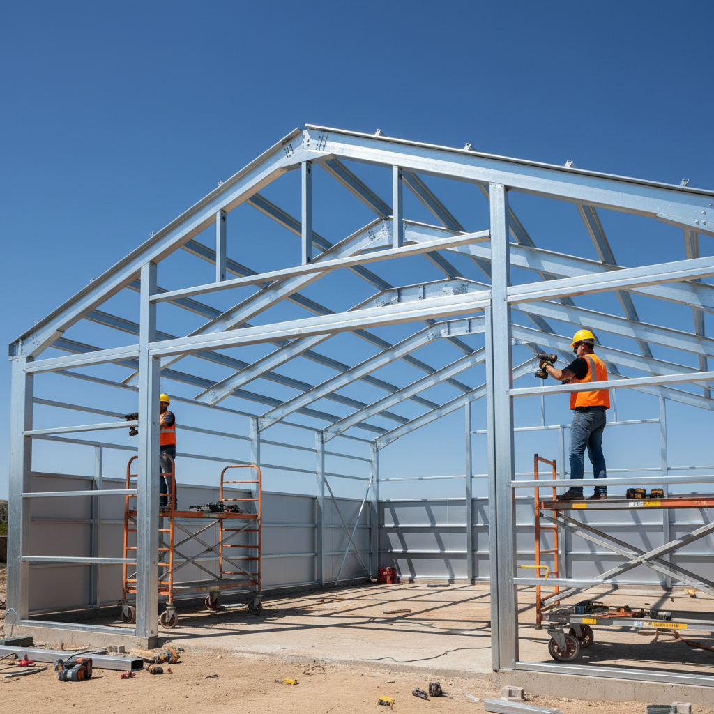 Сборка ЛСТК-каркаса гаража из сэндвич-панелей — монтаж без сварки