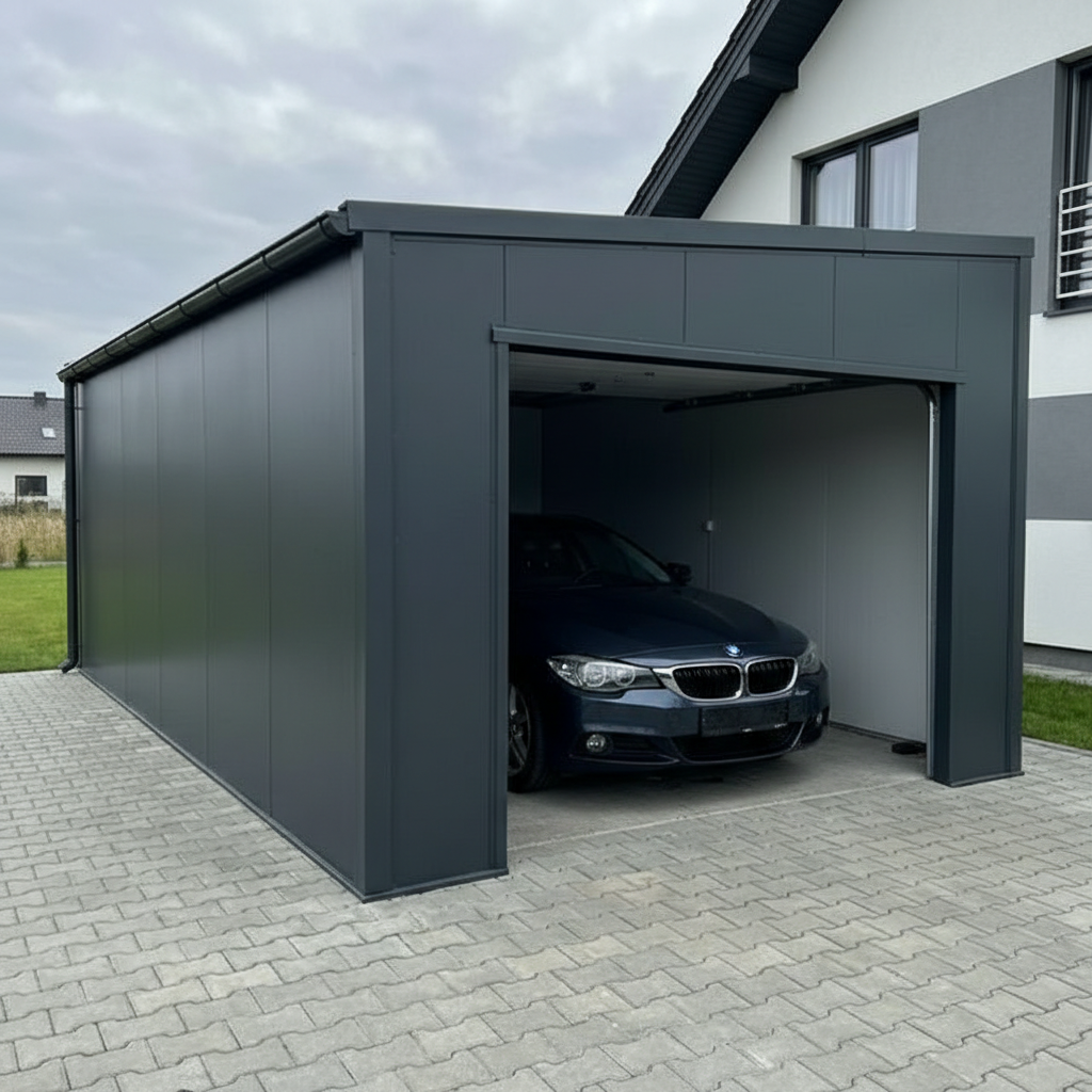 Гараж из сэндвич-панелей с автомобилем внутри — PreBuild