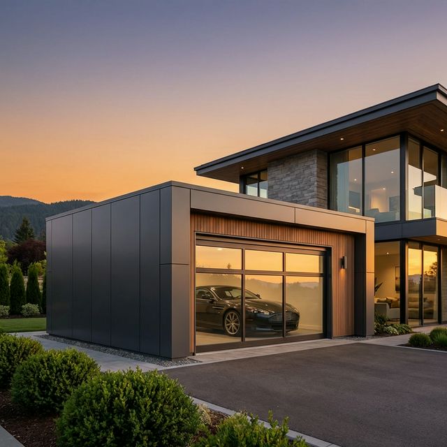 Сучасний збірний гараж із сендвіч-панелей PreBuild біля приватного будинку