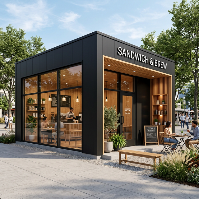 Кафе из сэндвич-панелей — тёмный фасад, панорамные окна