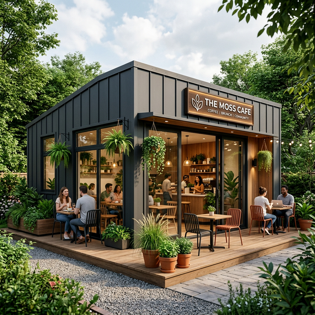 Кафе-магазин из сэндвич-панелей — терраса, озеленение, современный вид