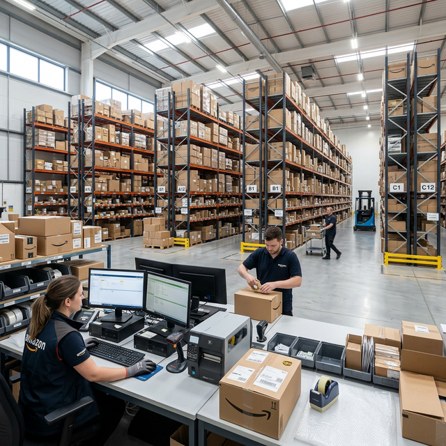 Интерьер склада интернет-магазина — стеллажи и зона упаковки