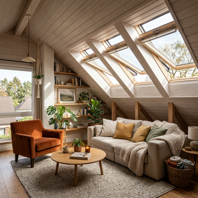 Интерьер мансардного этажа — уютная гостиная со скатным потолком, панорамное окно, деревянная отделка — PreBuild