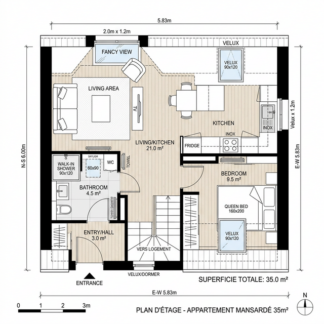 План однокомнатной 35 м² — мансарда над гаражом: спальня, кухня-гостиная, санузел — PreBuild
