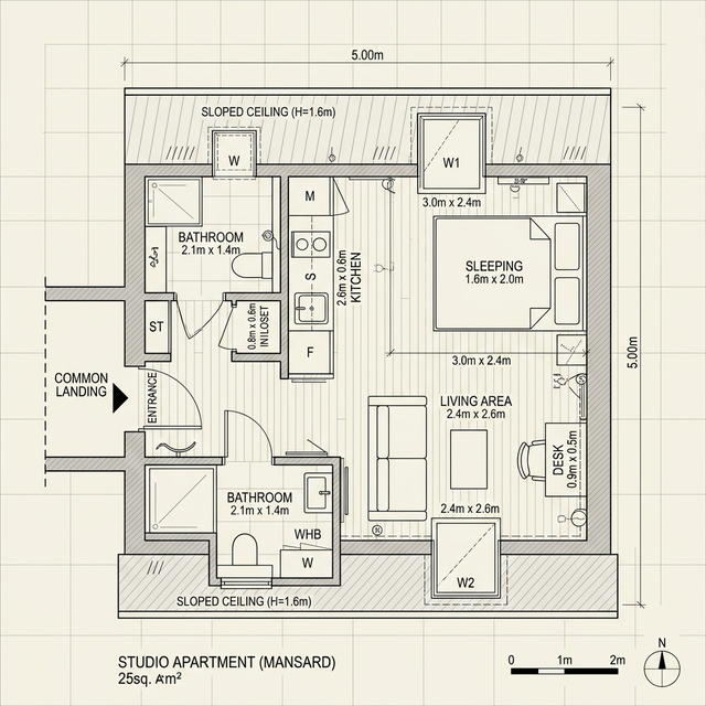 План студии 25 м² — мансарда над гаражом: кухня-гостиная, санузел, спальная зона — PreBuild