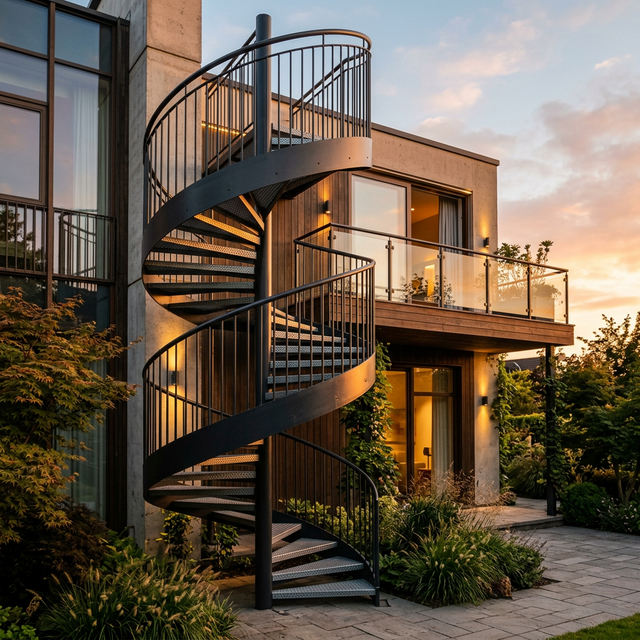 Наружная винтовая лестница для отдельного входа на мансардный этаж гостевого дома — PreBuild