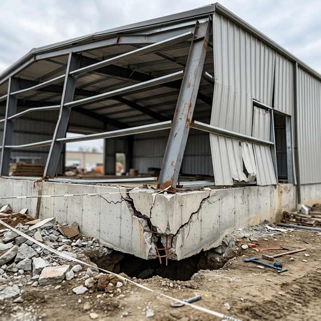 Разрушенный фундамент гаража — трещины в бетоне, перекошенный каркас — последствия ошибок при устройстве фундамента — PreBuild