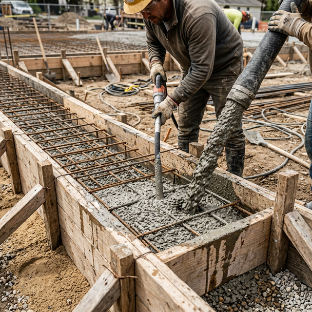 Заливка монолитной плиты бетоном — видна арматурная сетка, опалубка, подача бетона из миксера — PreBuild