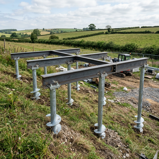 Винтовые сваи с металлической обвязкой на участке с уклоном — фундамент для гаража с мансардой — PreBuild