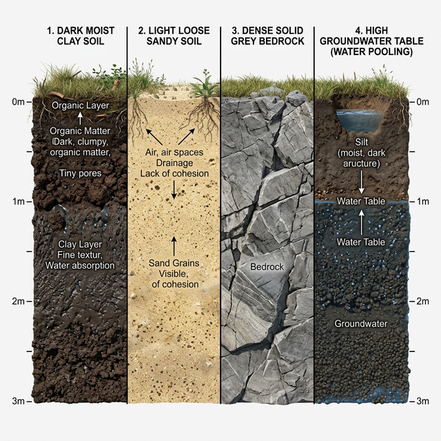 Четыре типа грунта в разрезе — глина, песок, скала, высокие грунтовые воды — выбор фундамента зависит от типа грунта — PreBuild