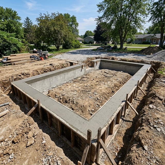Готовый ленточный фундамент по периметру гаража — бетонная лента в опалубке, пустое пространство внутри — PreBuild