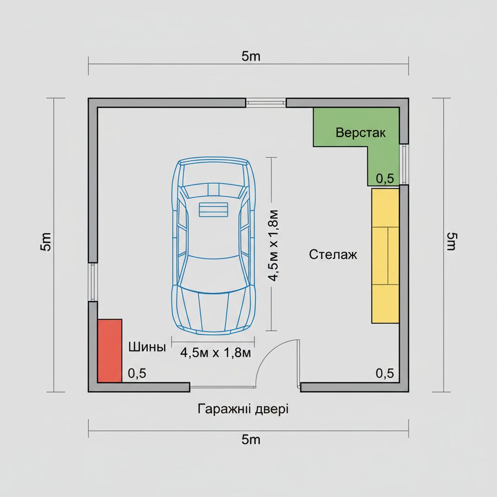 Планировка гаража 25 м² (5×5 м) — зоны авто, стеллажа, верстака и шин — PreBuild