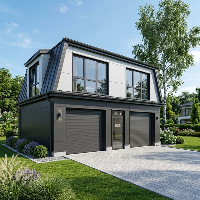 Гараж з мансардою із сендвіч-панелей — зовнішній вигляд двоповерхової будівлі PreBuild