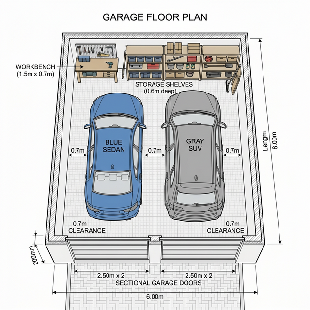 Планировка гаража на 2 авто — вид сверху