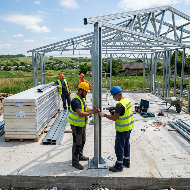 Монтаж ЛСТК каркаса гаража на бетонном фундаменте