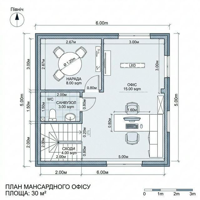 План мансардного офиса 30 м² над гаражом — рабочая зона, переговорная, санузел