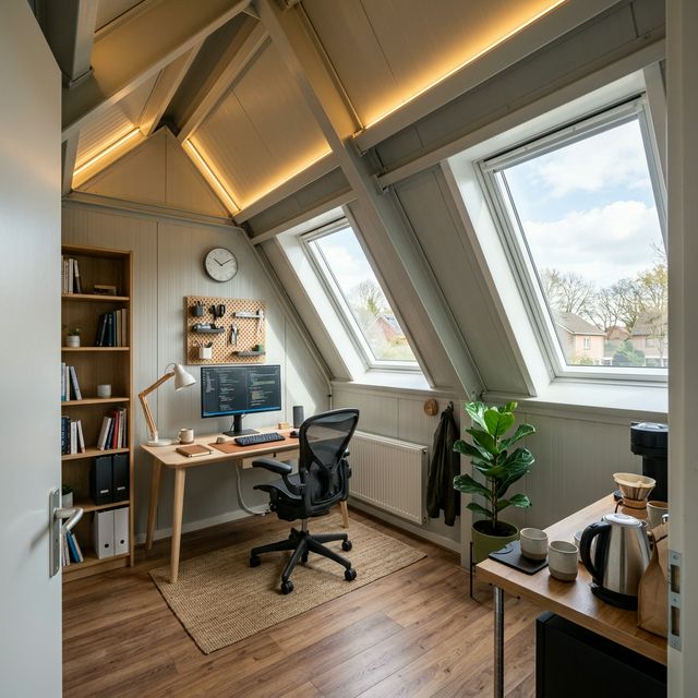 Интерьер офиса на мансарде гаража — рабочее место с мансардными окнами и естественным освещением
