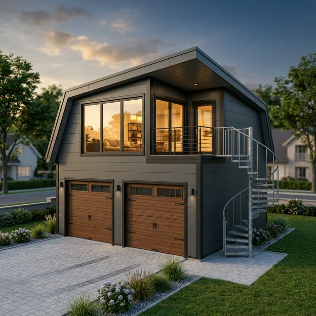 Гараж 6×8 м с мансардой — внешний вид двухэтажного здания из сэндвич-панелей