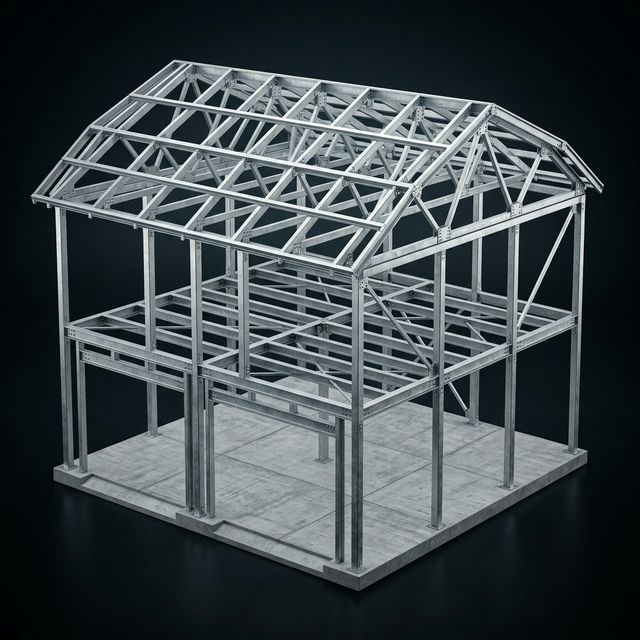 Металлокаркас гаража 6×8 м с мансардой — 3D-модель оцинкованной конструкции без обшивки