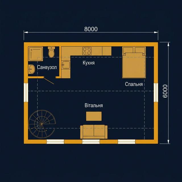 Планировка мансарды гаража 6×8 м — студия с санузлом, кухней и спальней 40 м²