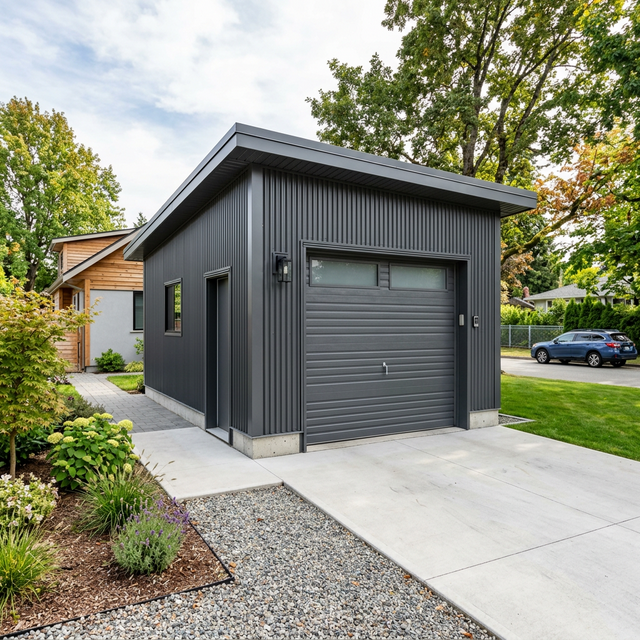 Современный гараж из профлиста — тёмно-серый фасад с секционными воротами и плоской кровлей