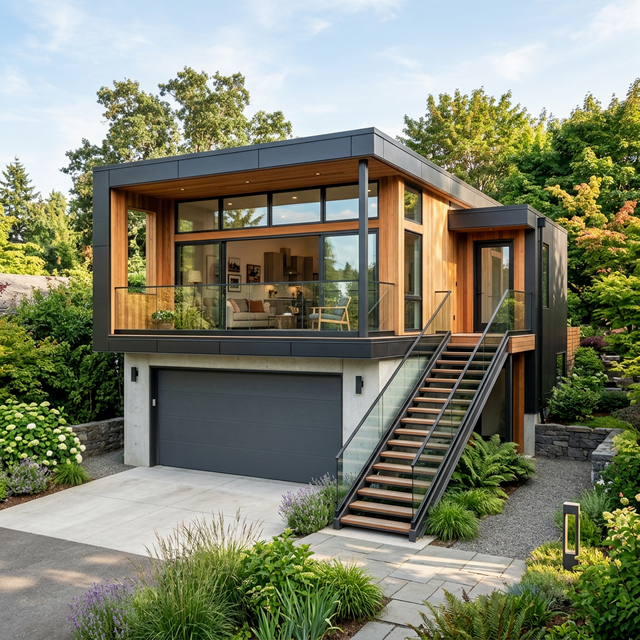 Гостьовий будинок з гаражем і мансардою — зовнішній вигляд готового проєкту