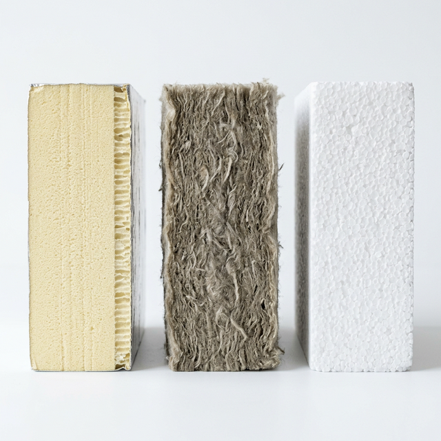 Сравнение трёх утеплителей — PIR (жёлтый), минвата (серая), EPS (белый)