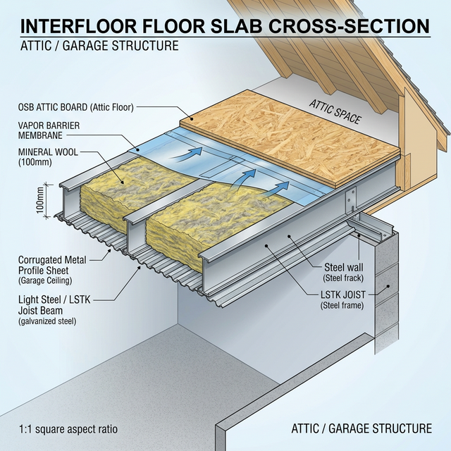 Схема утепления межэтажного перекрытия — OSB, пароизоляция, минвата 100 мм, профлист, балки ЛСТК