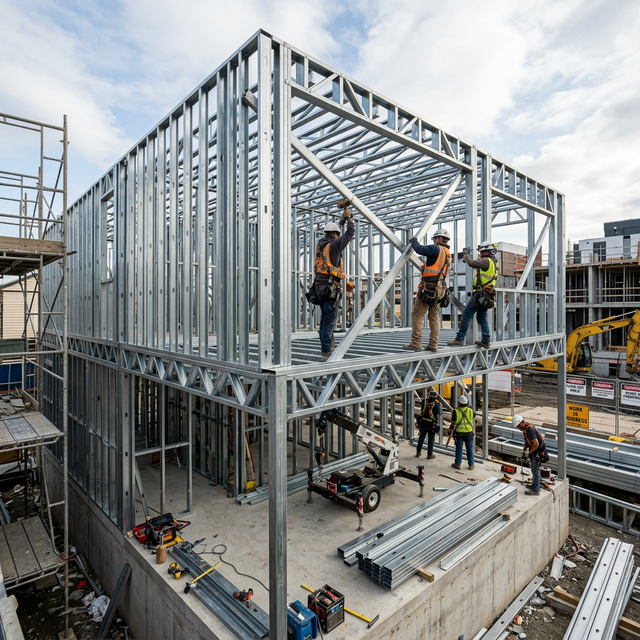 Монтаж каркаса ЛСТК для двухэтажного строения — профильная труба, перекрытие, лестница — PreBuild