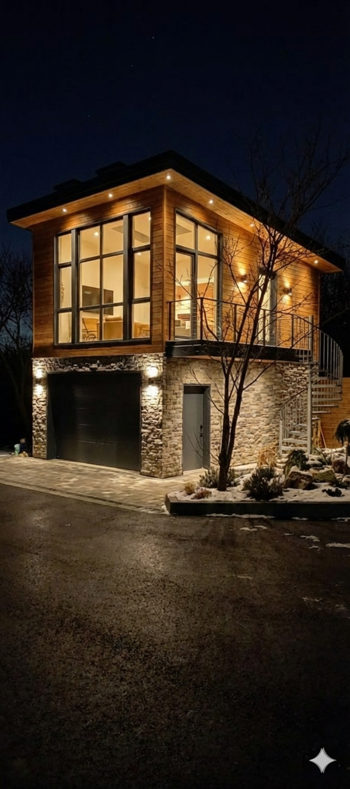 Гараж с мансардой вечером — освещённая мансарда, уютное пространство — PreBuild