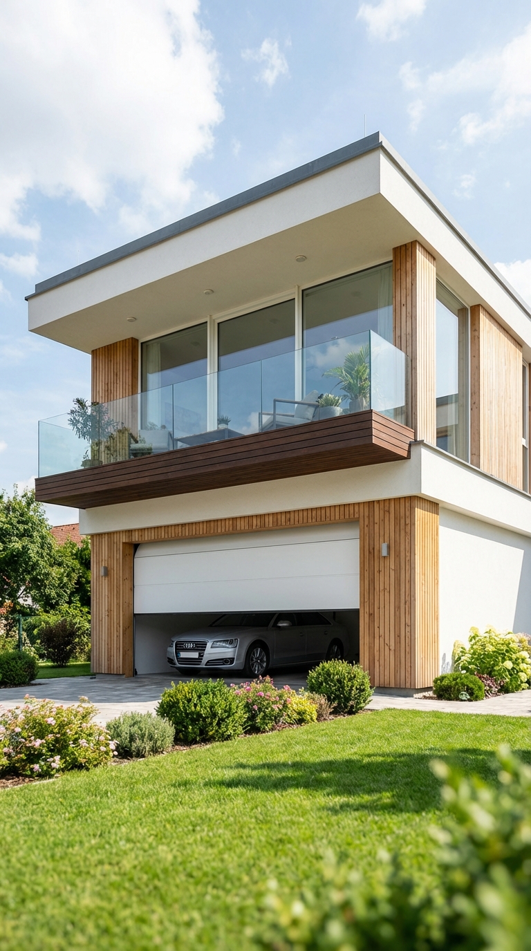 3D-рендер гаража 6×6 м с мансардой — двускатная кровля, наружная лестница — PreBuild