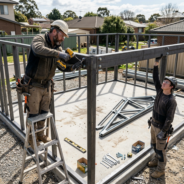 Рабочие собирают стальной каркас разборного гаража на болтах