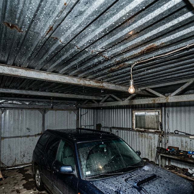 Конденсат и капли влаги на потолке неутеплённого металлического гаража