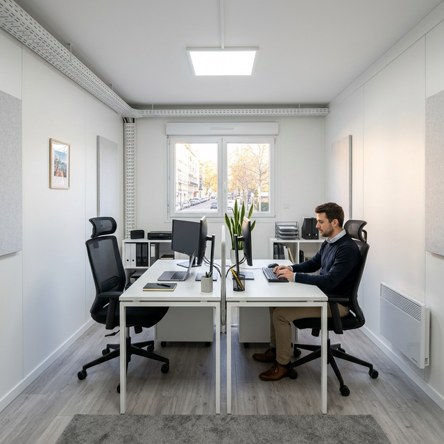 Интерьер модульного офиса — рабочие места, LED-освещение