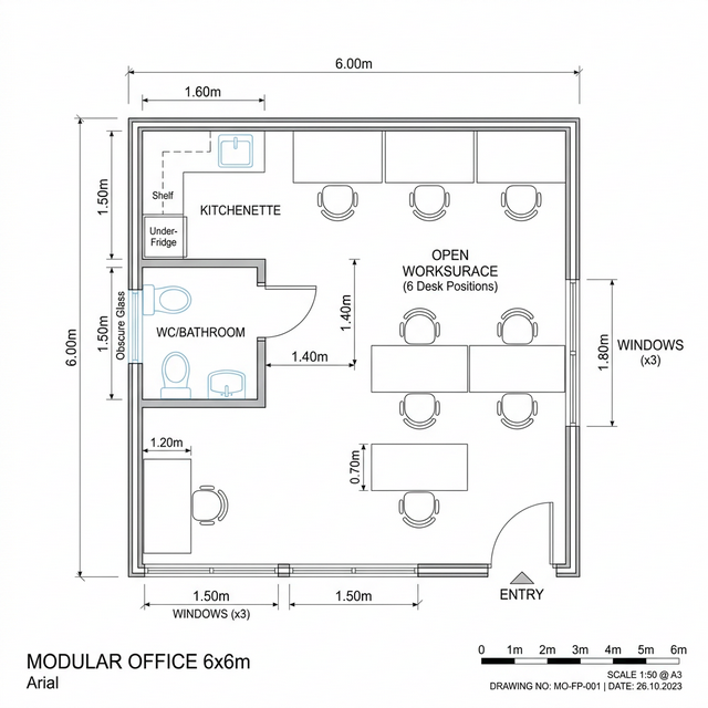 Планировка модульного офиса 6×6 м — 6 рабочих мест