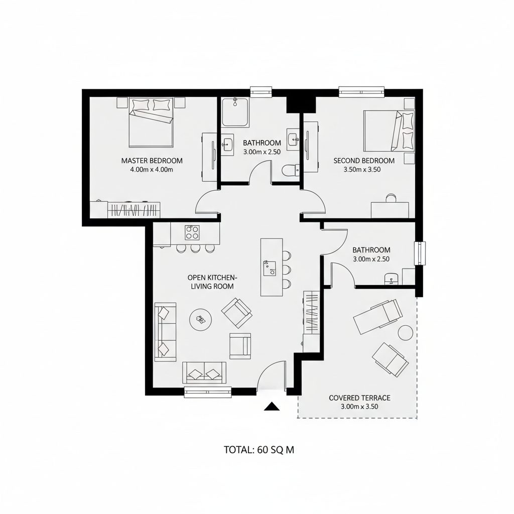 План модульного дома 60 м² с террасой — PreBuild