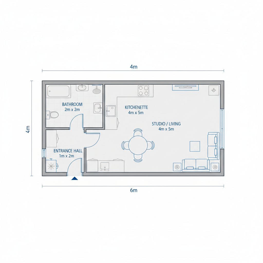 План модульного дома 24 м² — студия с кухней и санузлом PreBuild