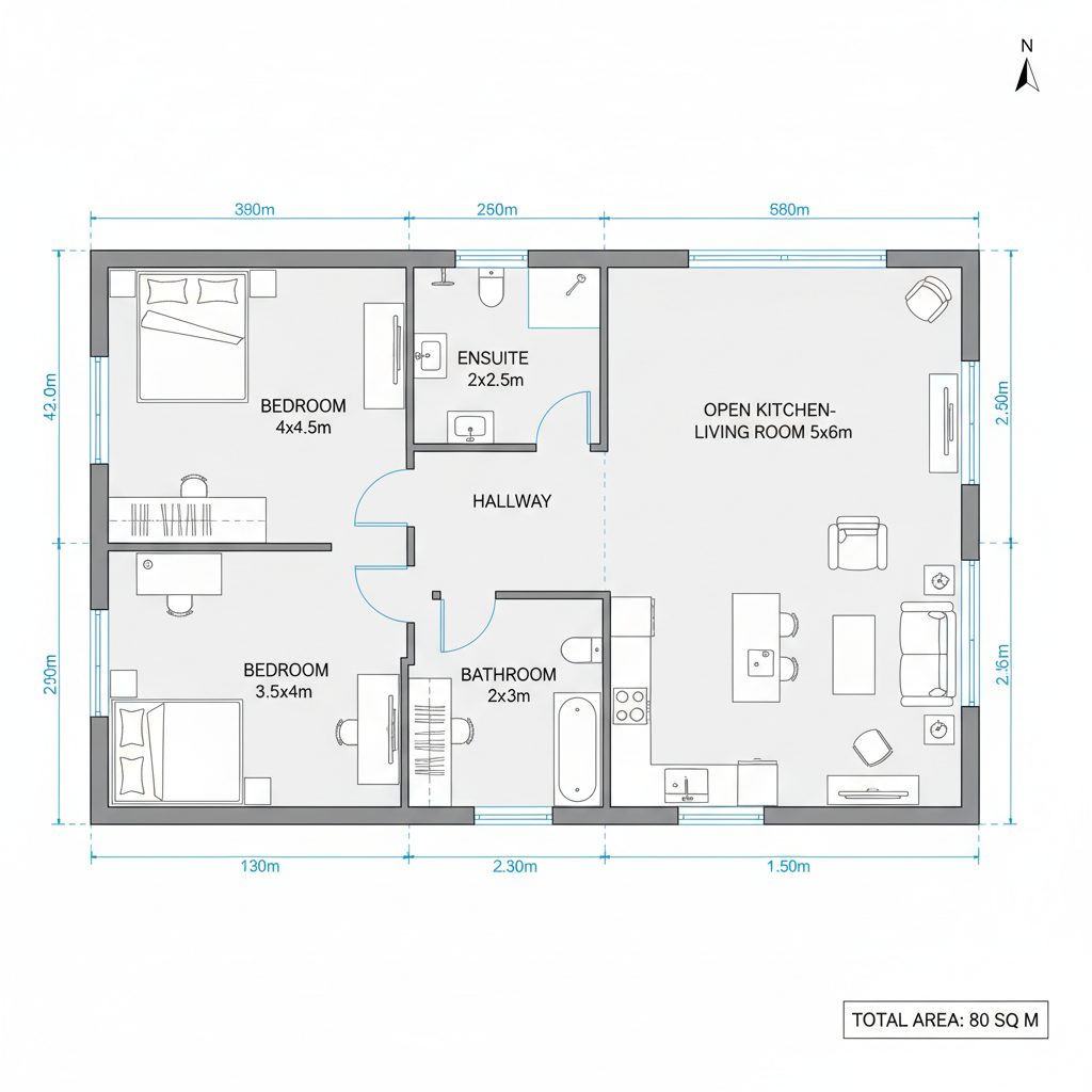 План модульного дома 80 м² — 3 спальни PreBuild