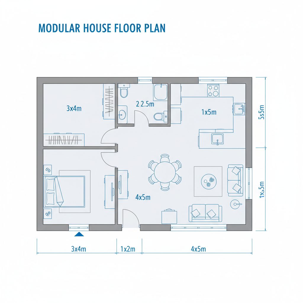 План модульного дома Mini 36 м² — 1 спальня, кухня-гостиная, санузел