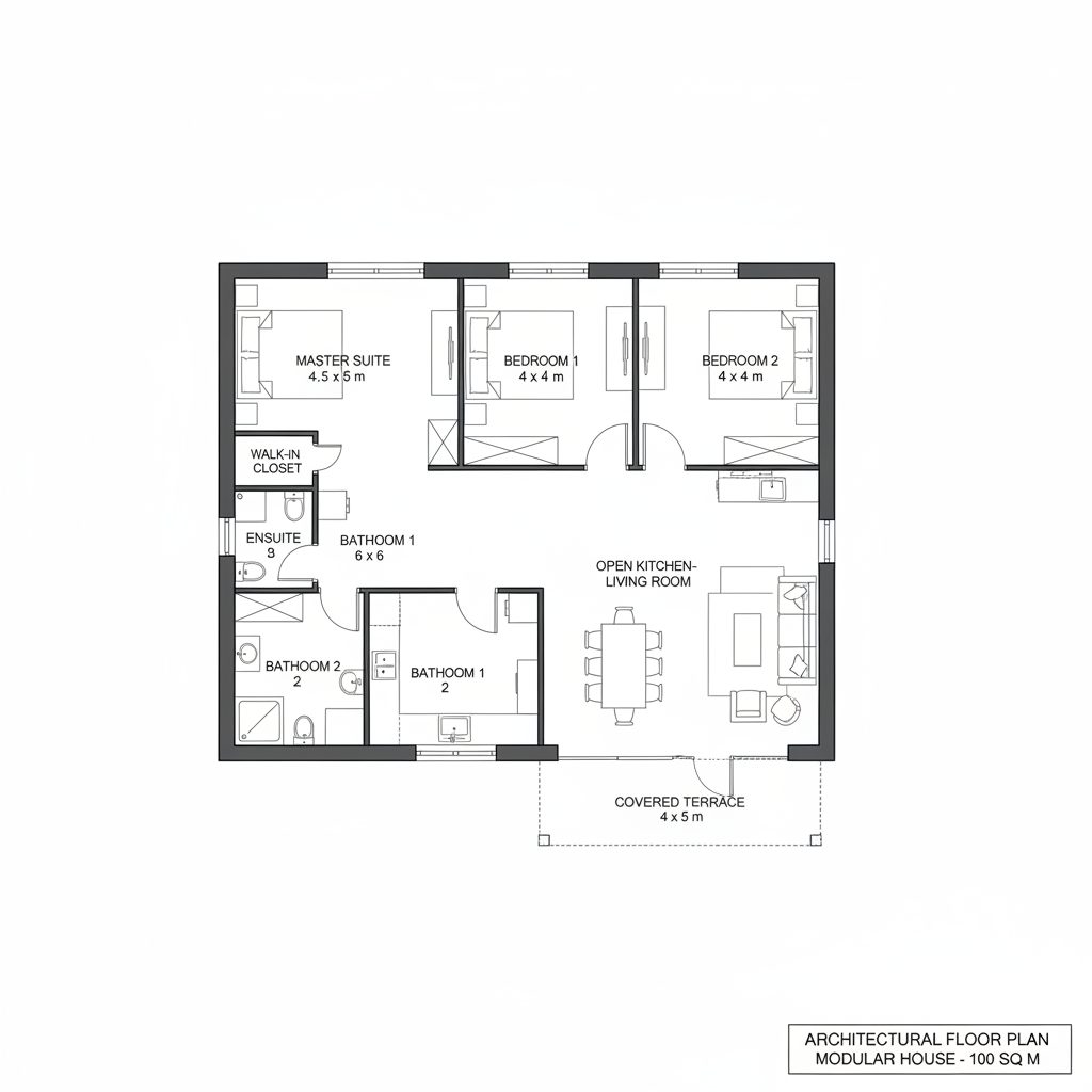 План модульного дома 100 м² с террасой — PreBuild