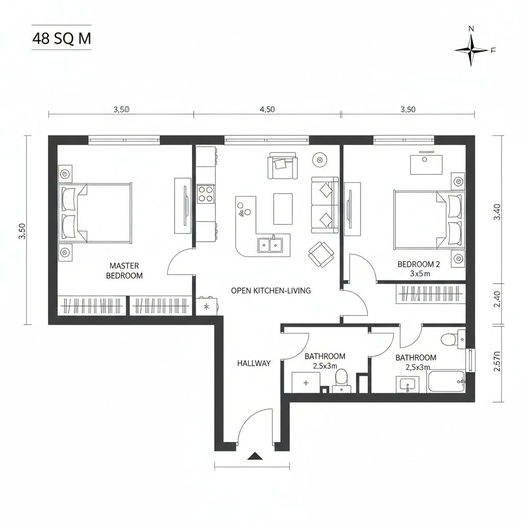 План модульного дома 48 м² — 2 спальни PreBuild