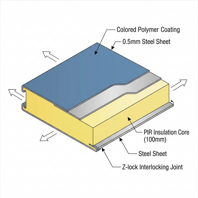 Разрез сэндвич-панели — стальные листы, утеплитель PIR 100 мм, Z-замок