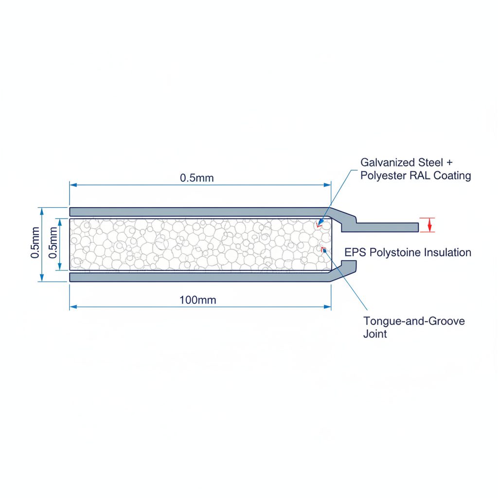 Конструкция сэндвич-панели: два листа оцинкованной стали с утеплителем EPS 100 мм &mdash; PreBuild