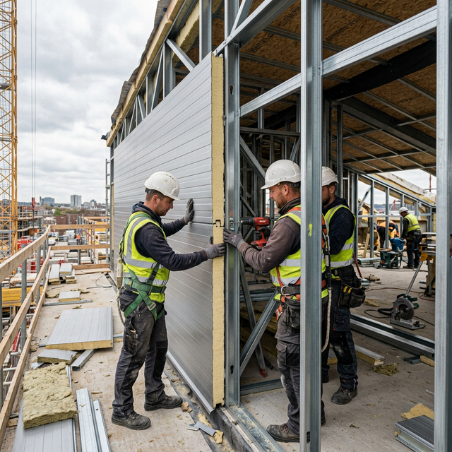 Монтаж сэндвич-панели на каркас ЛСТК — рабочие устанавливают панель с PIR