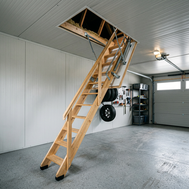 Складная чердачная лестница в гараже — деревянная конструкция, люк в потолке открыт, пружинный механизм — PreBuild