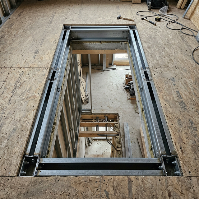 Проём в межэтажном перекрытии для лестницы — стальные балки усиления по периметру, OSB-пол, каркас ЛСТК — PreBuild