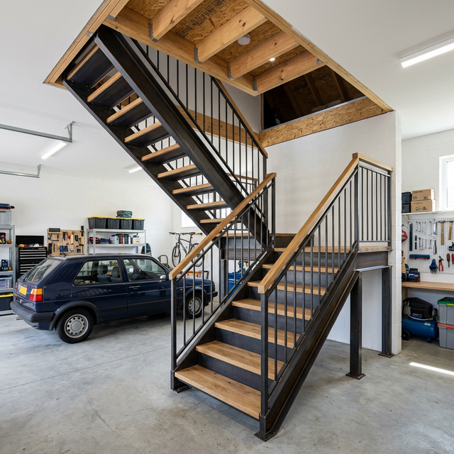 Внутренняя Г-образная лестница в гараже — стальной каркас, деревянные ступени, перила, проём в перекрытии, автомобиль — PreBuild