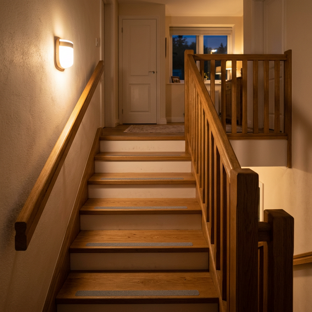 Безопасная лестница на мансарду — деревянные перила с балясинами, противоскользящие полосы на ступенях, настенный светильник — PreBuild