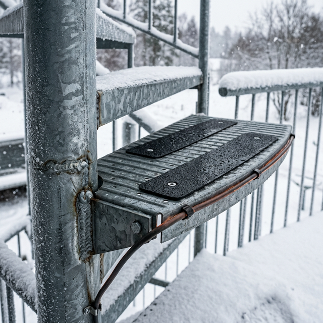 Крупный план ступени винтовой лестницы зимой — рифлёная сталь, противоскользящие резиновые накладки, греющий кабель, снег