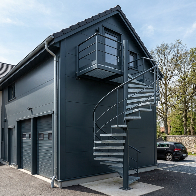 Зовнішні гвинтові сходи на мансарду гаража з оцинкованої сталі